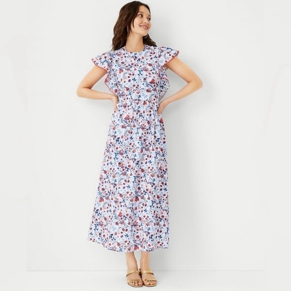 Ann Taylor‎ red white and blue floral flutter sleeve fit and flare maxi dress - Picture 1 of 15